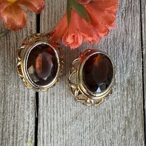 Vintage Elegant Gold tone and Brown clip on Earrings